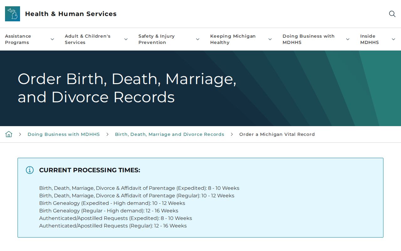 Wyoming residents directory screenshot of Michigan vital record order choices