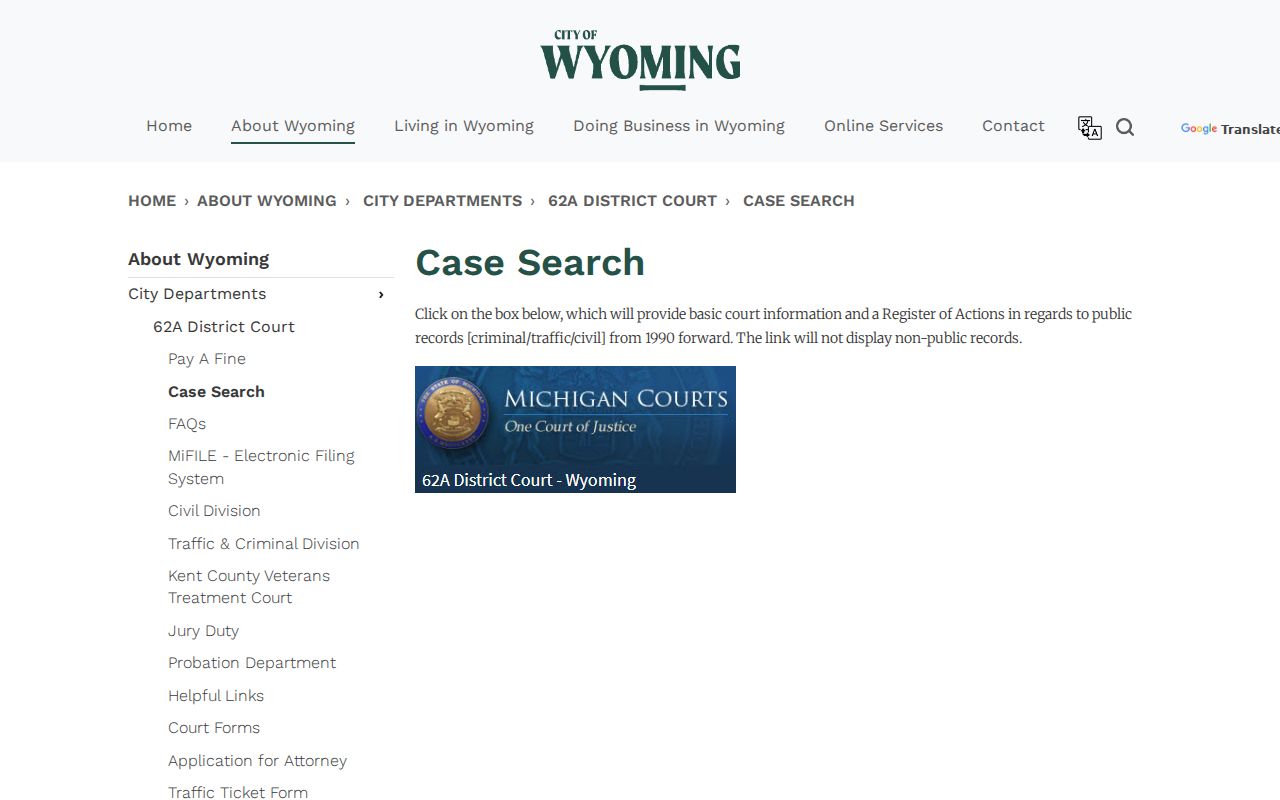 Wyoming residents directory view of the 62A District Court records search