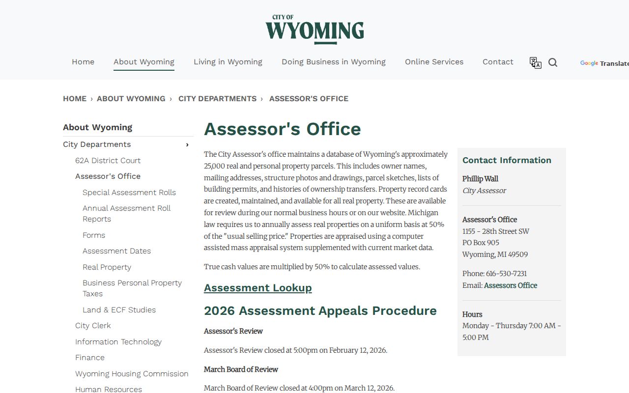 Wyoming residents directory screenshot of the City of Wyoming assessor property records