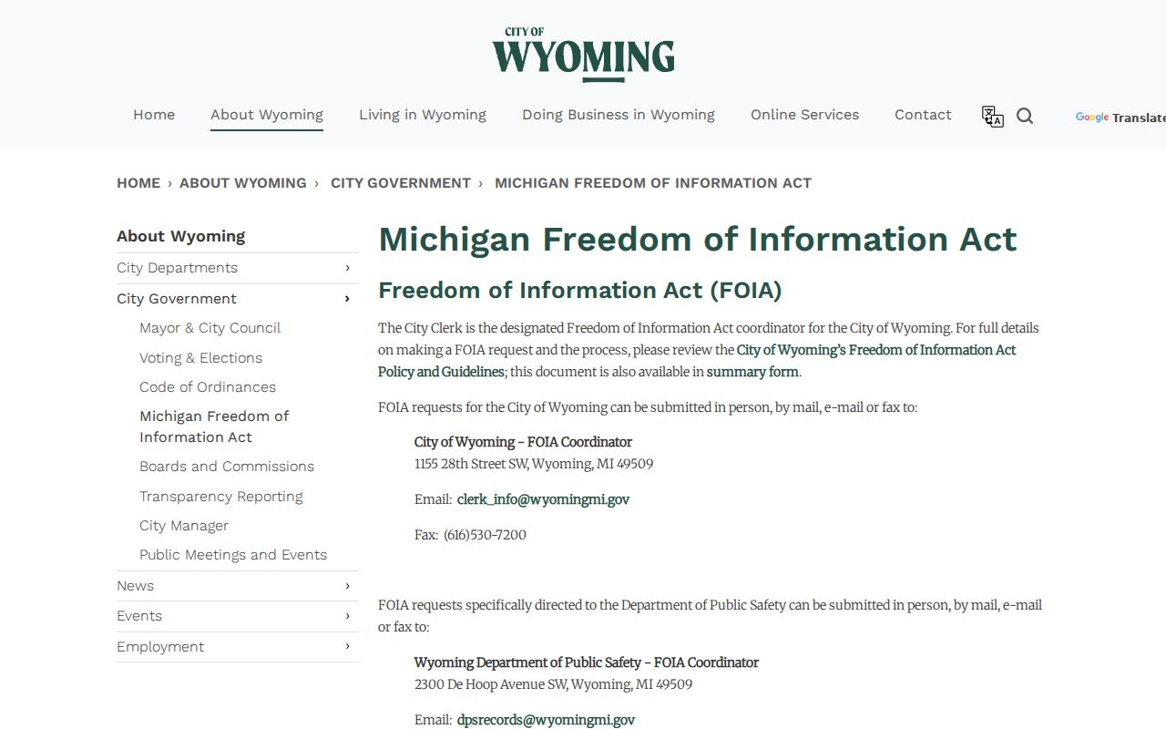 Wyoming residents directory view of the Wyoming FOIA request page